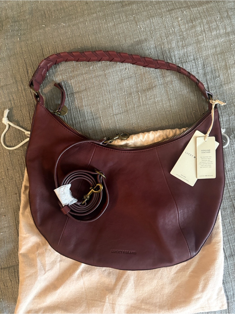 Lucky Brand Burgundy boho Crescent Shoulder Bag with Braided Strap